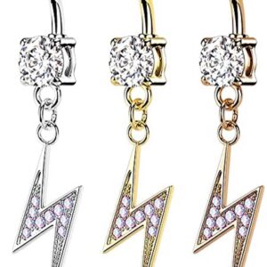 Lightning Bolt Paved with AB CZ Dangle 316L Surgical Steel Jeweled Belly Button Ring (Rose Gold)