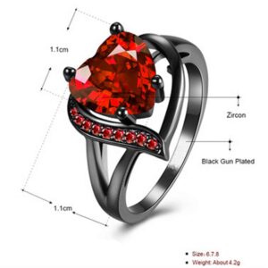 XIALV Women's Simulation Ruby Heart-Shaped Black Gold Promise Jewellery Band Red Cubic Zirconia Wedding Ring Size 6-10 (US size 10)