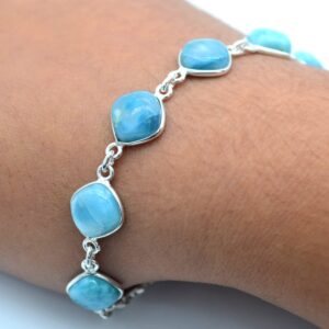 DESIGN HUB Blue Larimar Stone Bracelets 925 Silver Overlay For Women Girl Gifts - Gemstone Adjustable 7.50" Cushion Cabochon Link Bracelets Christmas Gifts For Her (Bracelet Style 3)