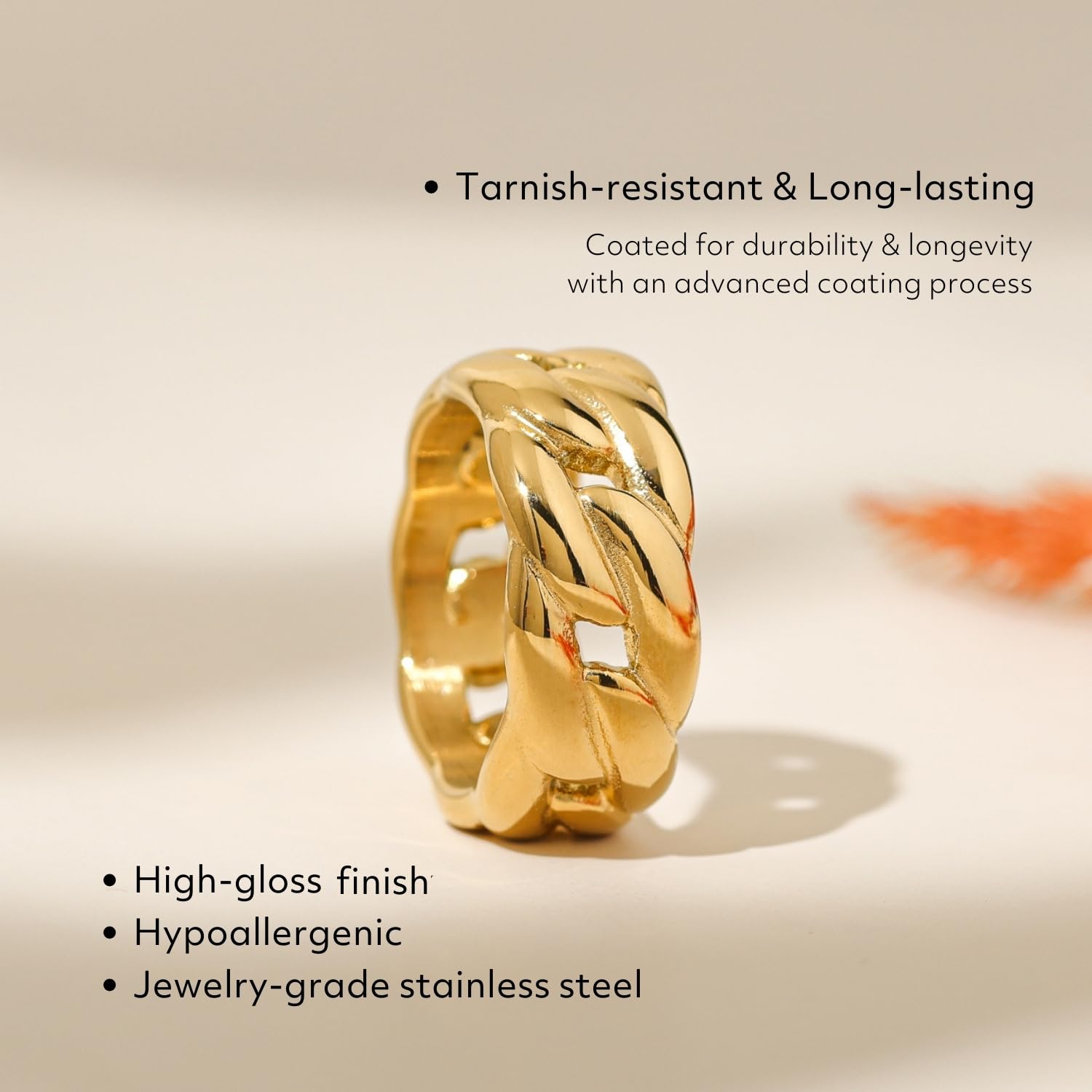 BENIQUE Gold Chunky Statement Rings for Women, Link Chain Tarnish-Resistant 18k Gold Plated Stainless Steel Size 5 6 7 8 9 10 11 (LinkChain/8)