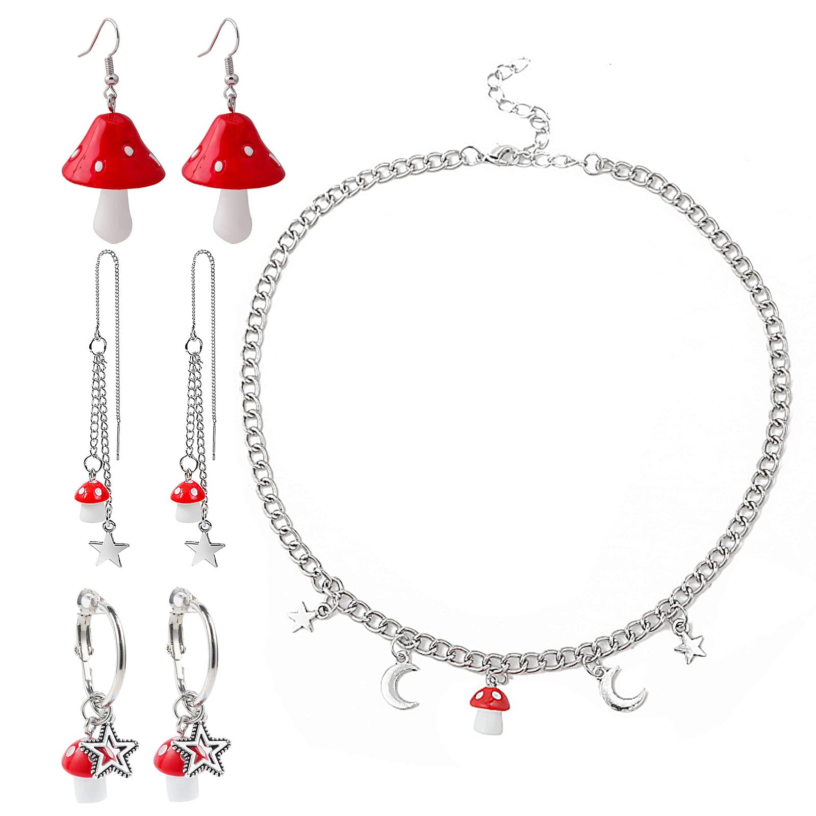 Star Moon Mushroom Necklace Earrings Set,Simulation Acrylic Red Mushroom Drop Earrings for Girls,Long Tassel Mushroom Shape Dangle Earrings for Women (4pair)