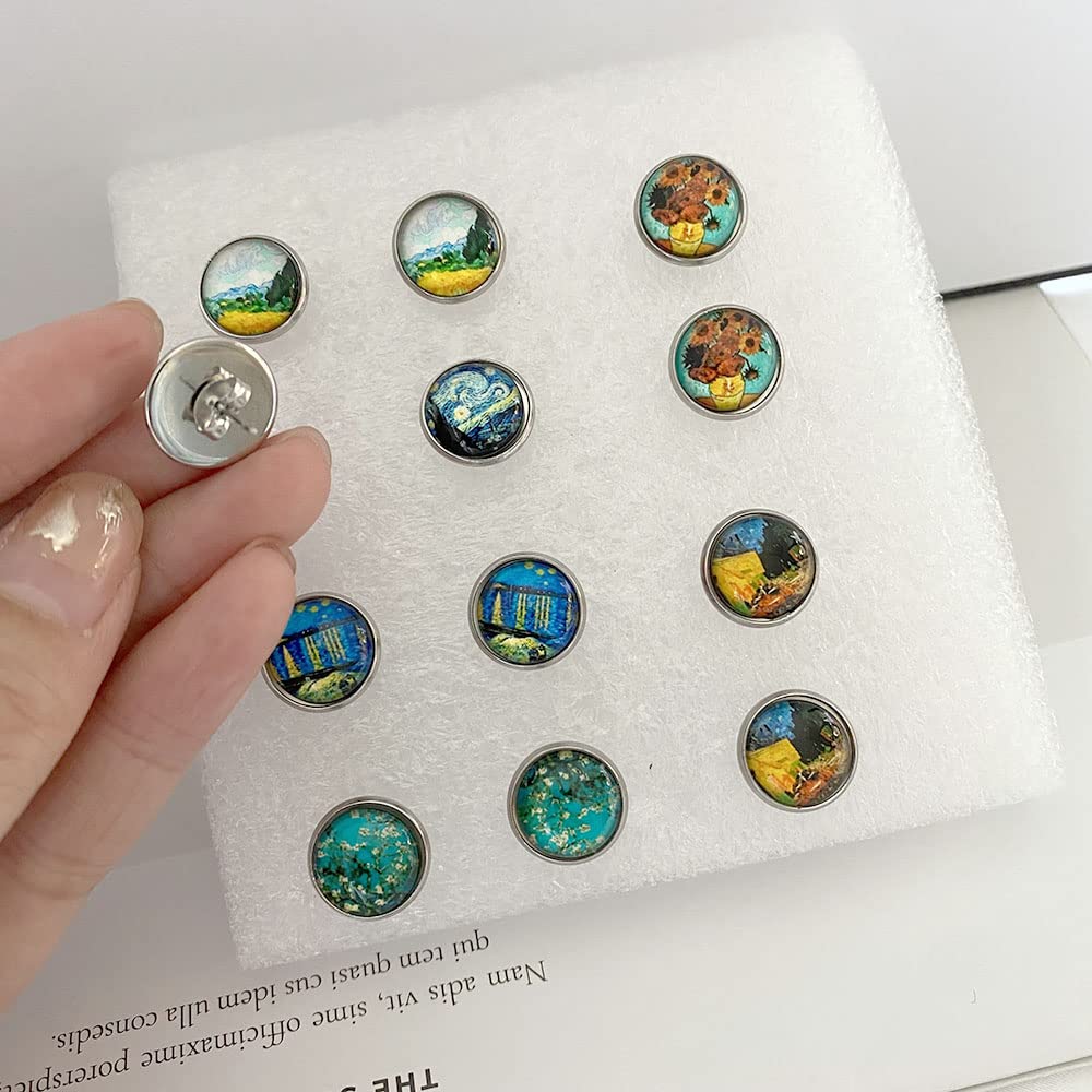 6 Pairs Van Gogh Painting Glass Ball Earrings Van Gogh Starry Sky Starry Night Sunflower Oil Painting Stud Earring Set for Women (Colours-6Pc)