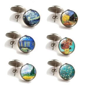 6 Pairs Van Gogh Painting Glass Ball Earrings Van Gogh Starry Sky Starry Night Sunflower Oil Painting Stud Earring Set for Women (Colours-6Pc)