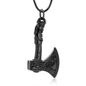 thor axe cremation jewelry for ashes for women men viking jewelry memorial pendant urn necklace for loved one ashes holder (black)