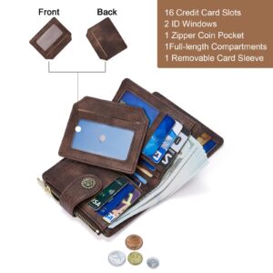 CLUCI Small Wallets for Women RFID Blocking Leather Trifold Compact Credit Card Holder with ID Window Ladies Zipper Coin Purse Coffee