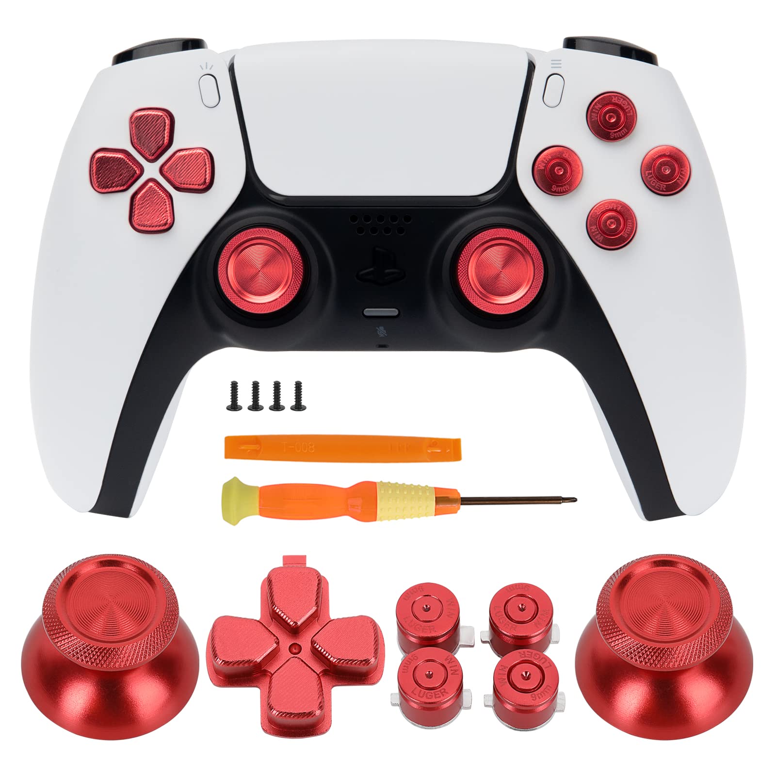 TOMSIN Metal Buttons Replacement Kit for PS5 Controller – Aluminum Thumbsticks & O X Square Triangle & Dpad Buttons Accessories Compatible with PlayStation 5 DS Controller (Red)