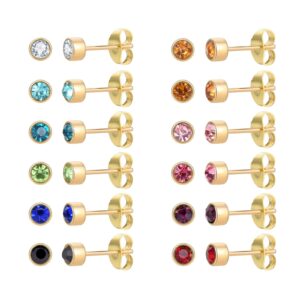 12 pairs 18k gold plated surgical stainless steel stud earring, cubic zirconia cz stud earrings for women, multicolor birthstone stud earrings set 3mm (round 3mm)