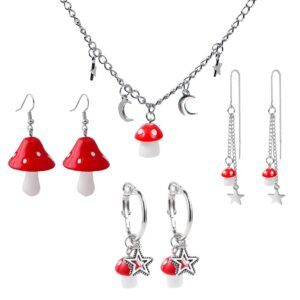 Star Moon Mushroom Necklace Earrings Set,Simulation Acrylic Red Mushroom Drop Earrings for Girls,Long Tassel Mushroom Shape Dangle Earrings for Women (4pair)