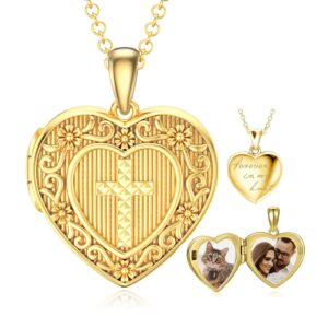 SOULMEET 10k 14k 18k Solid Yellow Gold Christians Cross Heart Locket Necklace That Holds 2 Pictures Personalized Letters Engraved Custom Image Locket Gift for Her (Custom photo & text)