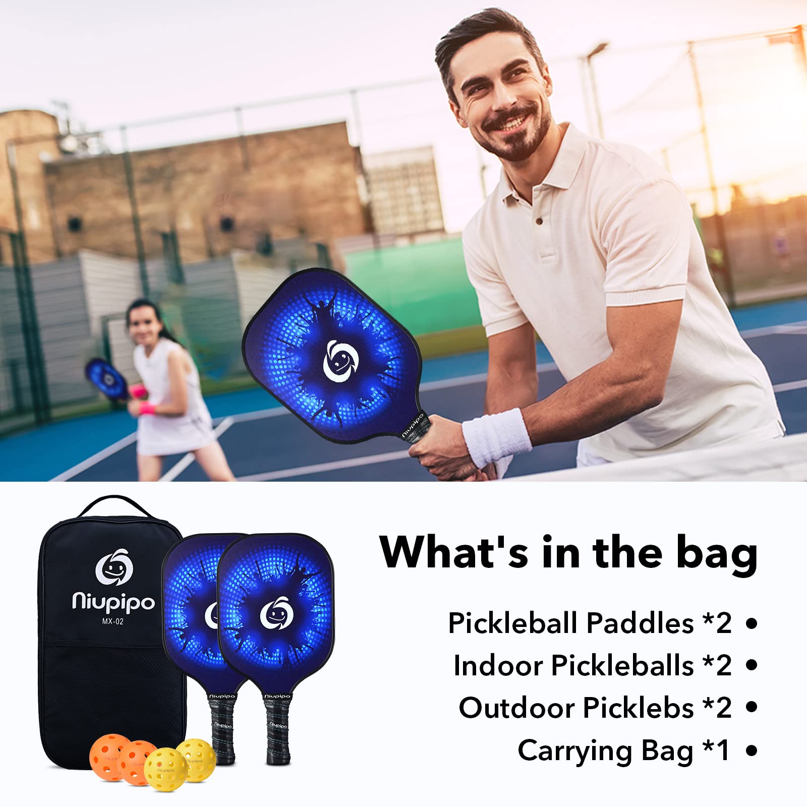 niupipo Pickleball Paddles, USA Pickleball Approved Pickleball Paddles Set of 2, Carbon Fiber Face, Polypropylene Honeycomb Core,Pickleball Rackets with 4 Balls and 1 Pickleball Bag