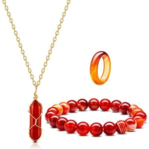 Hicarer Carnelian Crystal Necklace for Women Men Red Carnelian Rings Natural Relieve Anxiety Gemstone Bracelet Crystal Quartz Chakra Gems Stones (Classic Style)