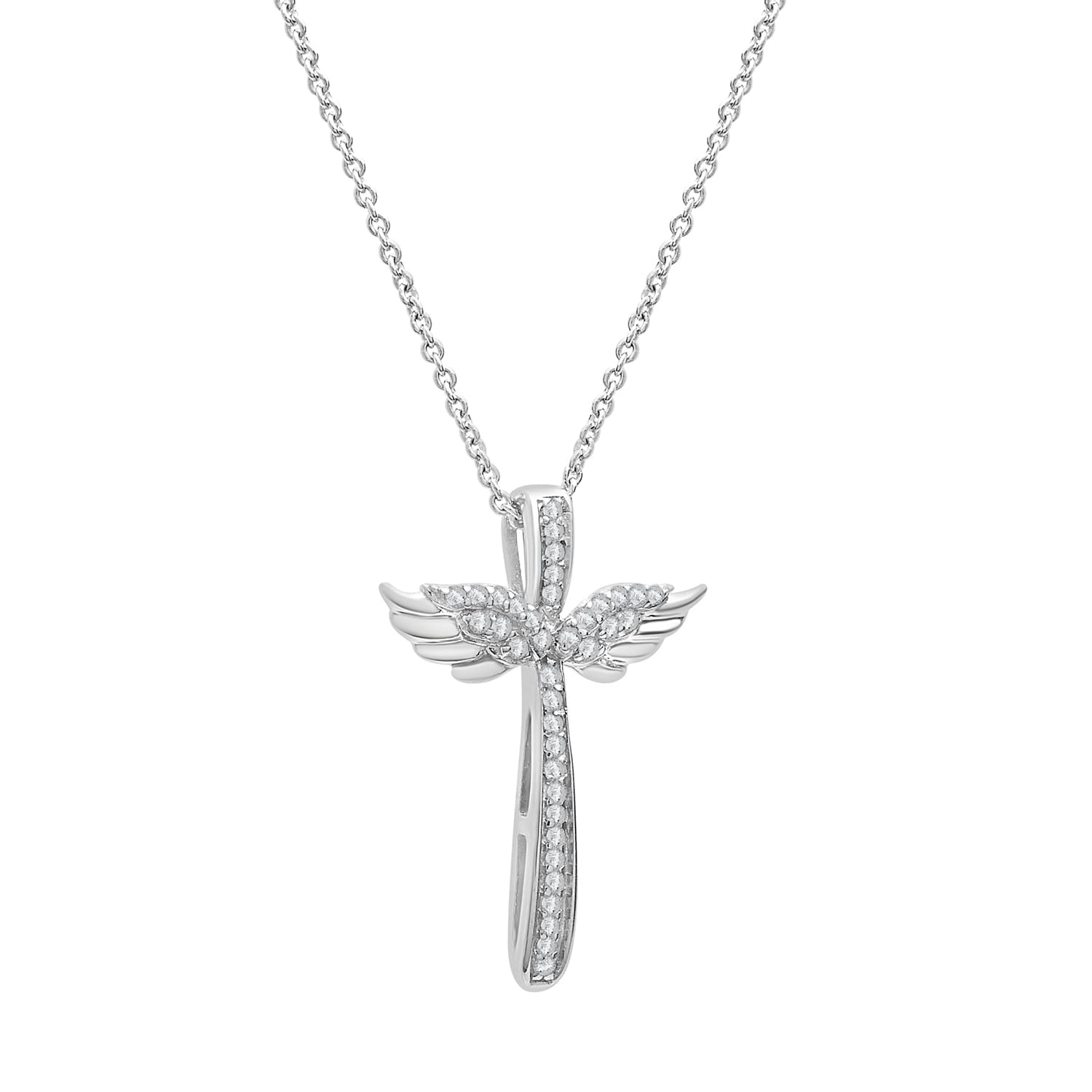 Timeless Love 1/10 CT Diamond Wing Cross Pendant Set in Sterling Silver, Necklace with 18" Cable Spring Ring, Dainty Jewelry for Women, Luxury Fashion Pendant Necklaces for Women or Girls