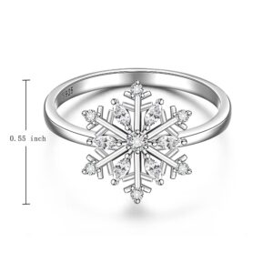 Sterling Silver Snowflake Ring Diamond Zirconia Crystal Christmas Snowflake Rings for Women Cute Dainty White Holiday Jewelry Gift Size 6