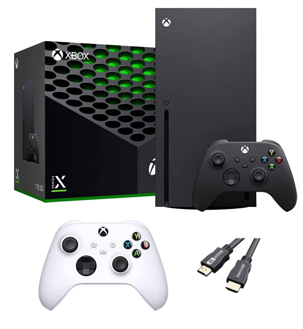 X-Box Series X Gaming Console Bundle - 1TB SSD Black X-Box Console with Two Wireless Controllers -Black and White -and ahaghug Authorized HDMI Cable