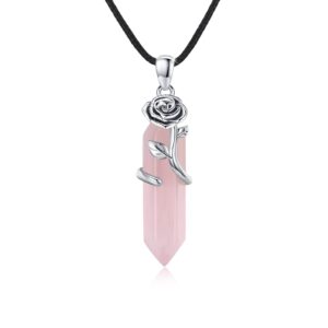 ohayoo crystal rose quartz pendant necklace for women 925 sterling silver wrapped healing stone rose flower hexagonal quartz pendant gifts for women