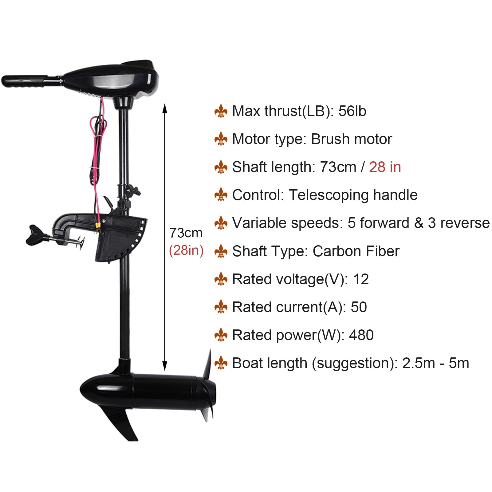 trolling Motor Kayak Canoe Outboard Motors, 56 Lb Thrust Trolling Motor with 8 Speed, 12v Electric Boat Motor with 10-Point Led Battery Indicator