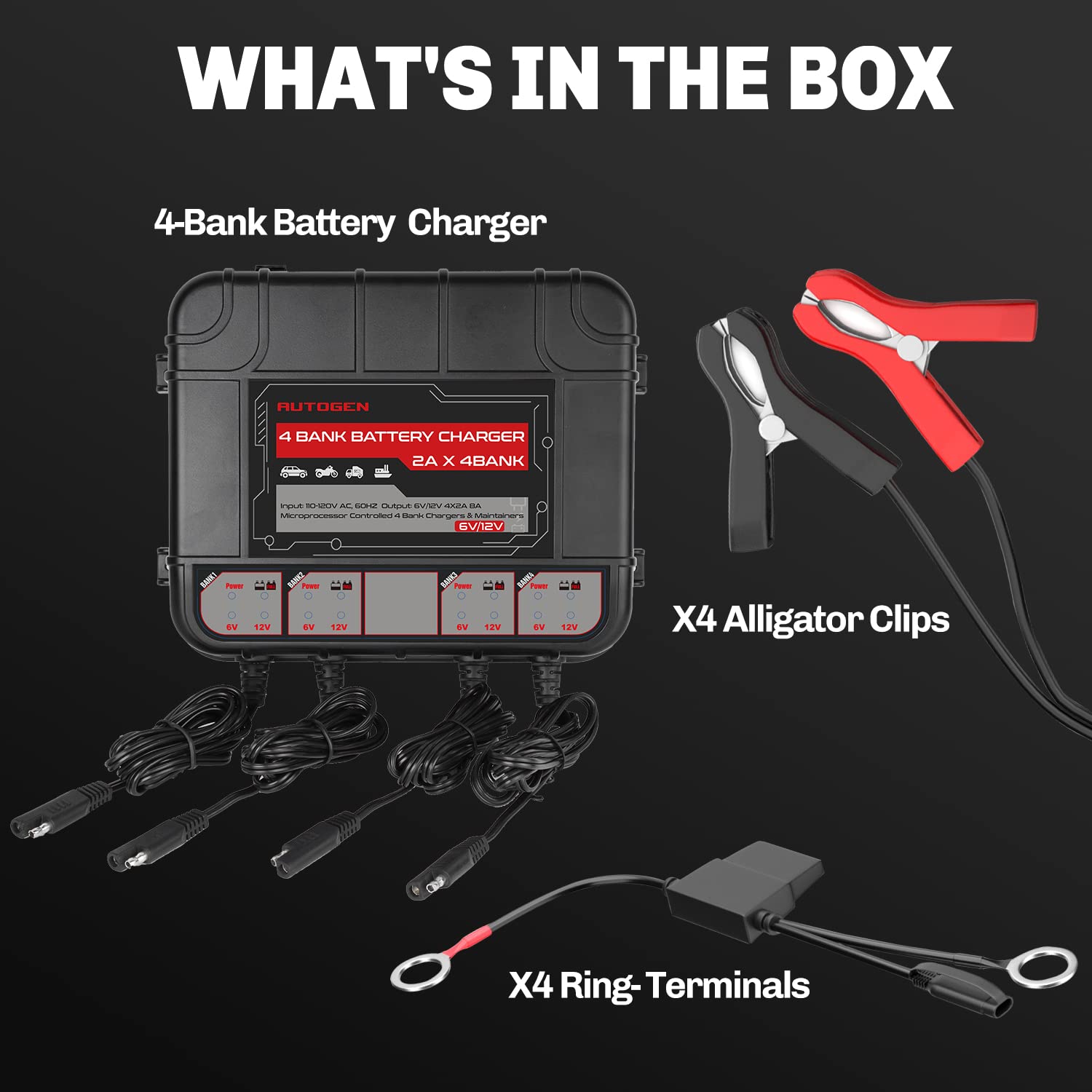 AUTOGEN 4-Bank Marine Battery Charger, 8-Amp (2-Amp Per Bank) Smart Battery Trickle Charger Maintainer, 6V & 12V Onboard Battery Charger and Battery Maintainer