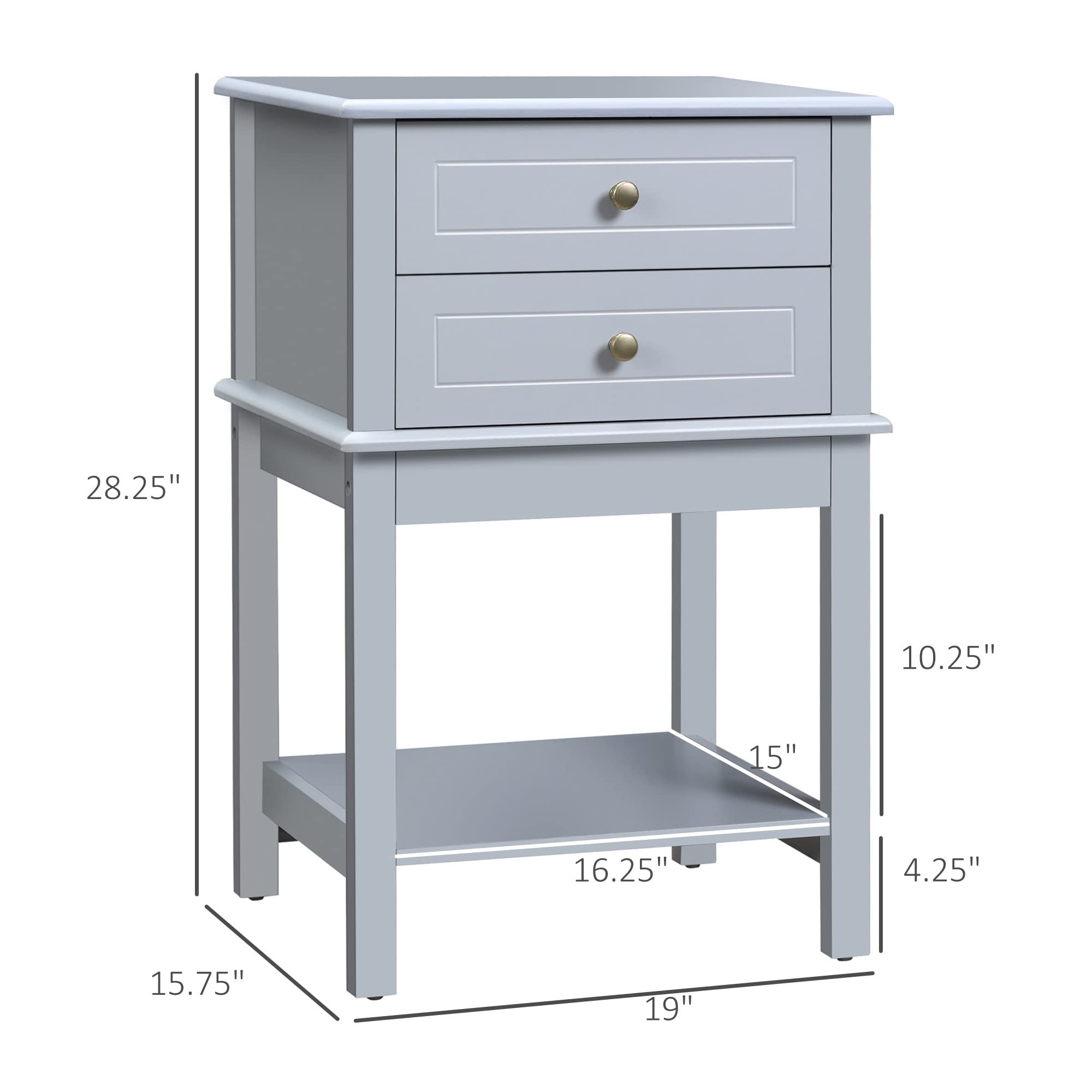 HOMCOM Side Table with 2 Storage Drawers, Modern End Table with Bottom Shelf for Living Room, Home Office, Grey