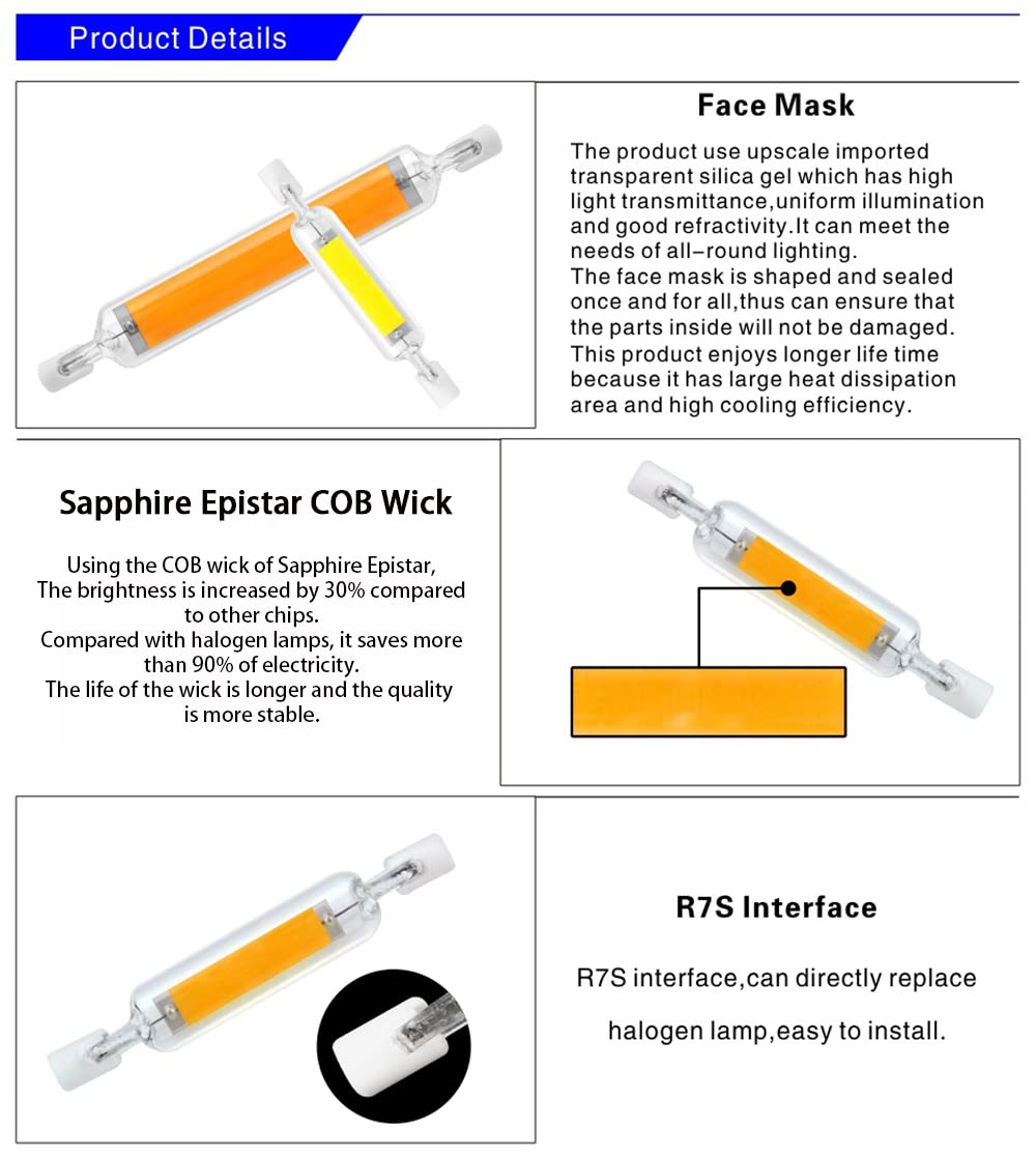 TOWBEBER 78mm R7s LED Bulb, 10W Double Ended J Base T3 LED Replacement for Halogen Light Bulbs 100W, Sapphire Epistar 3rd Generation 1000lm COB LED 4000K Natural Light CRI 85 (3PCS)