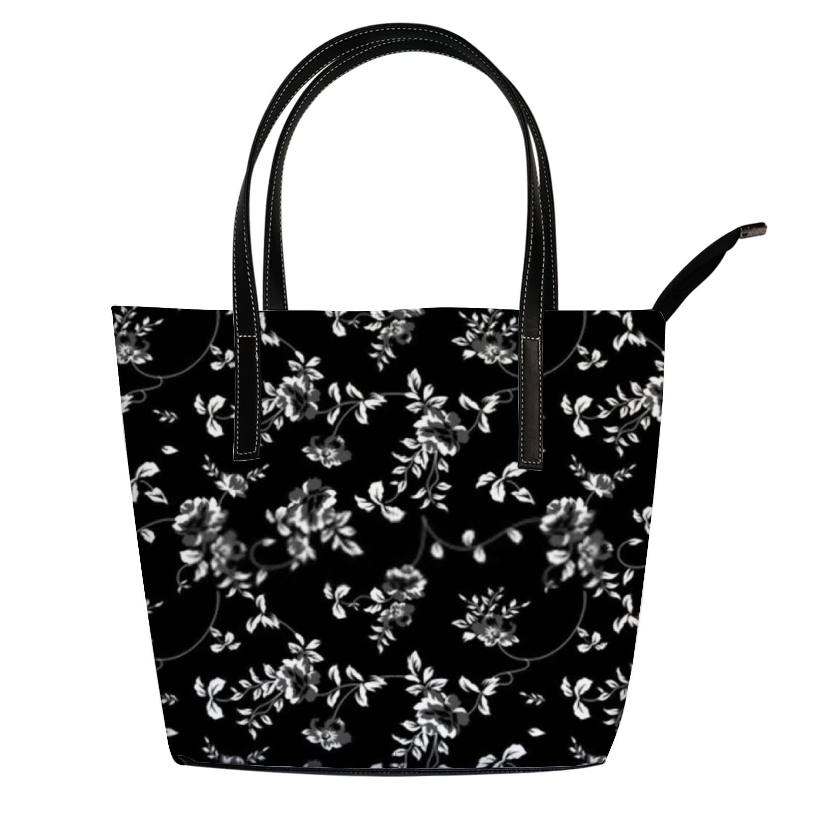 Retro Black and White Floral Pattern Tote Bag for Women Leather Handbags Women's Crossbody Handbags Work Tote Bags for Women Coach Handbags Tote Bag with Zipper.