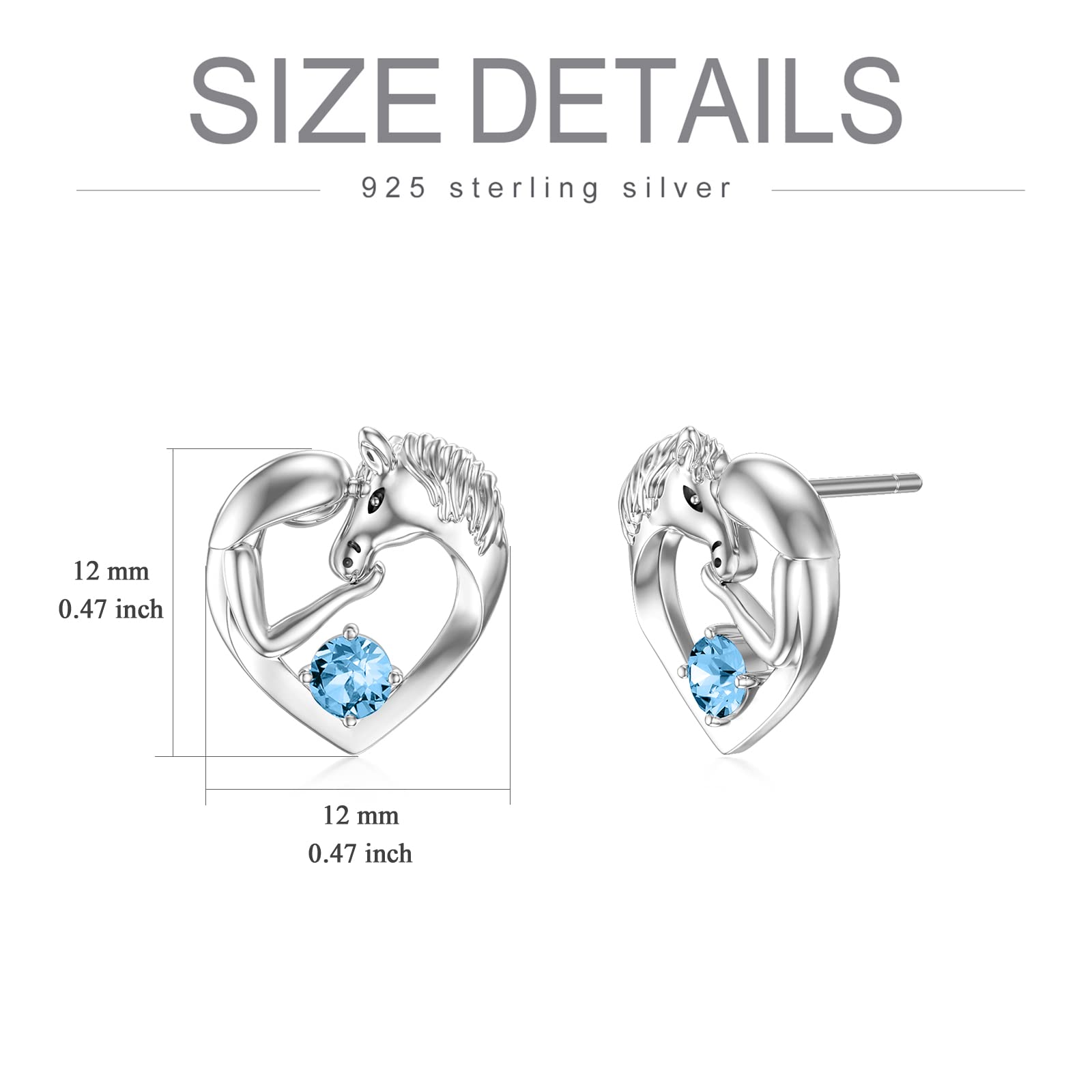 AOBOCO Sterling Silver Horse Stud Earrings, Horse Jewelry Birthday Gifts for Women Daughter Granddaughter (03-Simulated Aquamarine-Mar.)