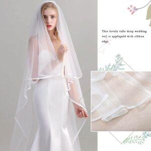 Unsutuo 2 Tiers Bride Wedding Veil Ivory Ribbon Cathedral Veil Bridal Tulle Veil for Women and Girls (Ivory)