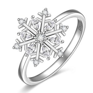 Sterling Silver Snowflake Ring Diamond Zirconia Crystal Christmas Snowflake Rings for Women Cute Dainty White Holiday Jewelry Gift Size 6