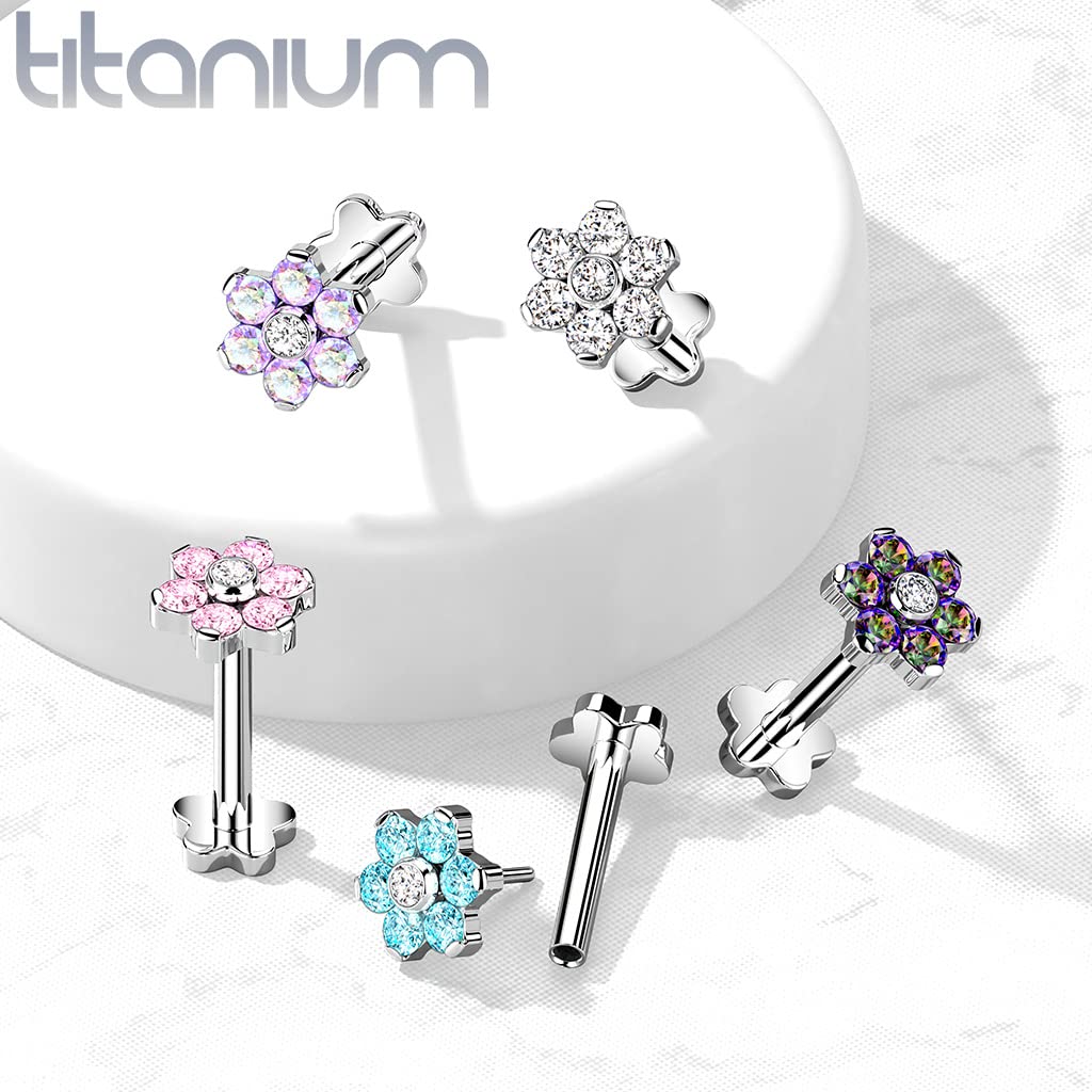 Dynamique Implant Grade Titanium Threadless Push In Flower Base Labret, Flat Back Studs With CZ Flower Top For Cartilage, Monroe (Sold Per Piece)