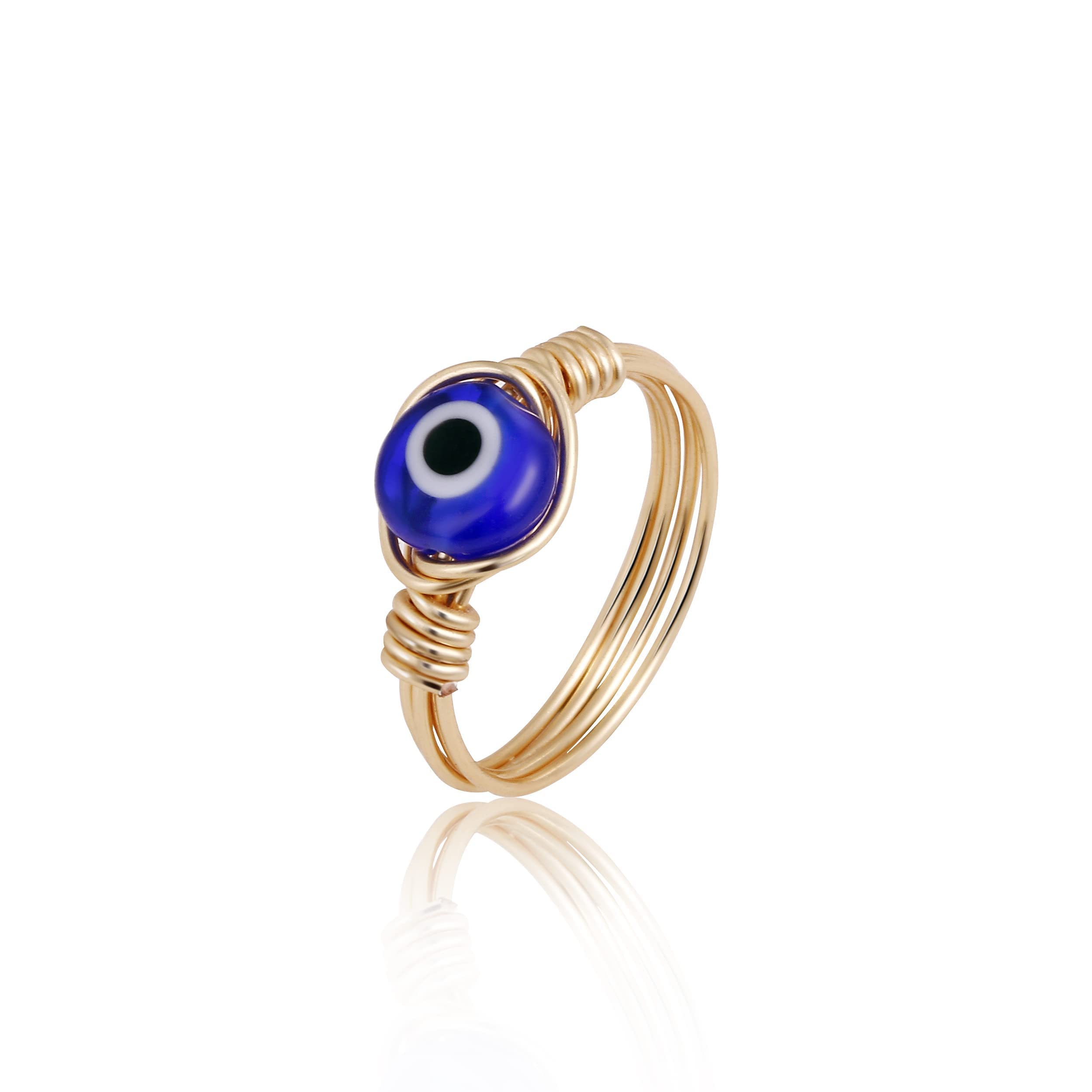 ASCOMY Delicate Evil Eye Ring for Women 14K Gold Plated Handmade Dark Blue Evil Eye Rings Stackable Turkish Faith Protection Wrapped Ring Everyday Jewelry Gifts Size 9