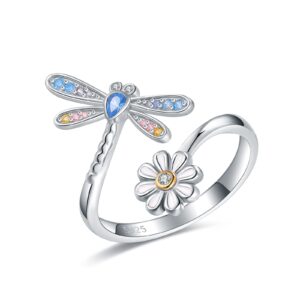 EJALEN 925-Sterling-Silver Dragonfly Daisy Rings for Women - Adjustable Wrap Flower Ring Cubic Zirconia Cute Animal Insect Jewelry Gifts for Women (Dragonfly)