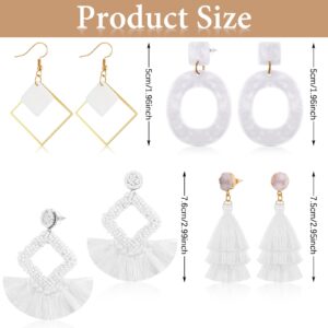 4 Pairs White Earrings for Women Layered Tassel Dangle Earrings Bohemian Geometric Earrings Mottled Hoop Bead Earrings (Elegant)