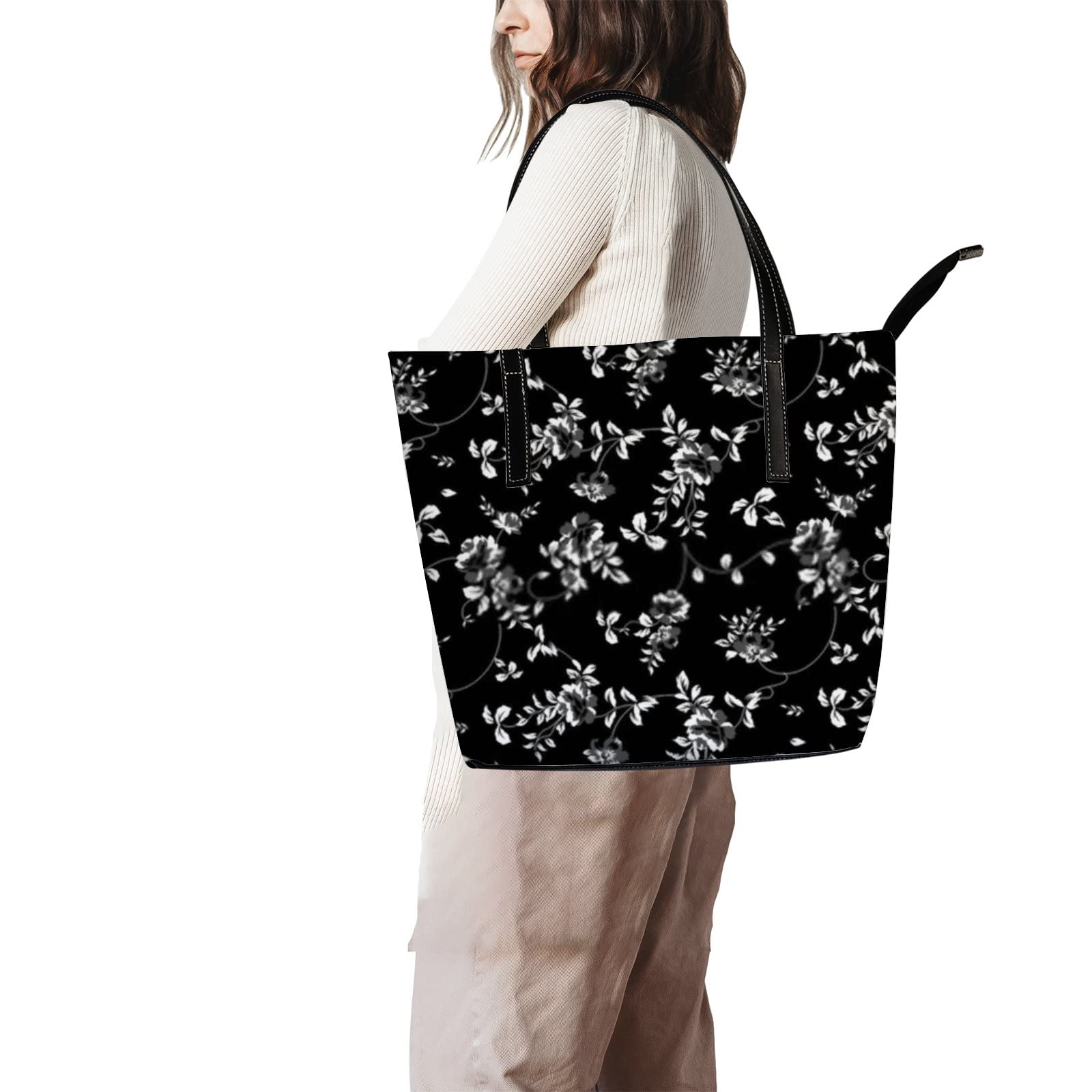 Retro Black and White Floral Pattern Tote Bag for Women Leather Handbags Women's Crossbody Handbags Work Tote Bags for Women Coach Handbags Tote Bag with Zipper.