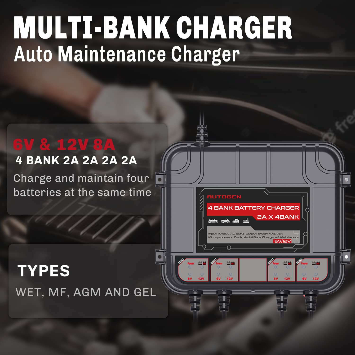 AUTOGEN 4-Bank Marine Battery Charger, 8-Amp (2-Amp Per Bank) Smart Battery Trickle Charger Maintainer, 6V & 12V Onboard Battery Charger and Battery Maintainer