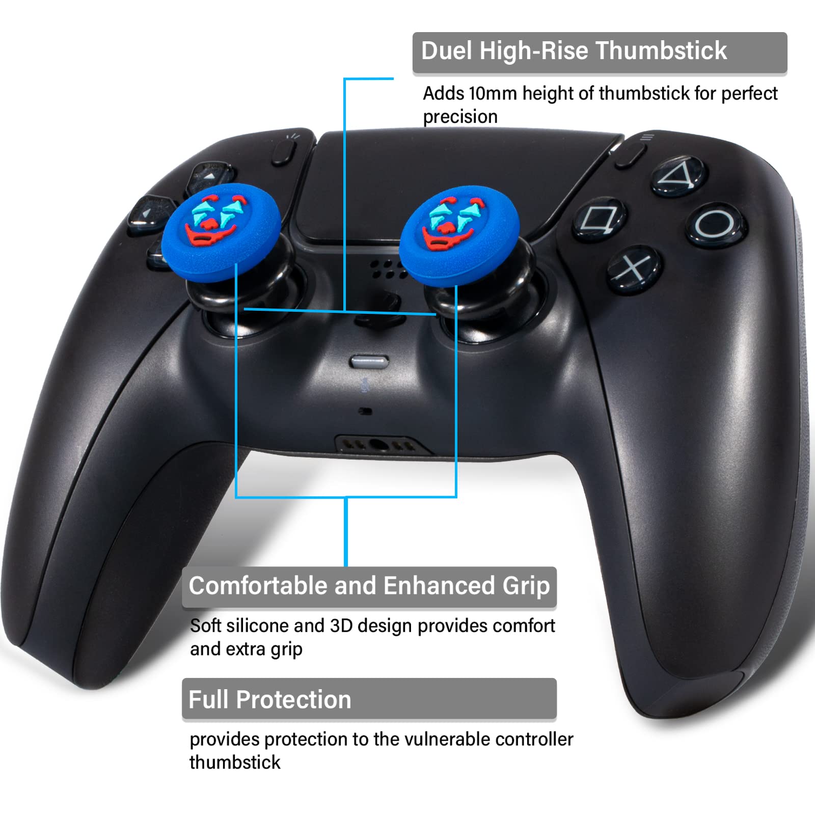 Playrealm FPS Thumbstick Extender & Texture Rubber Silicone Grip Cover 2 Sets for PS5 & PS4 Controller (Joker Blue)