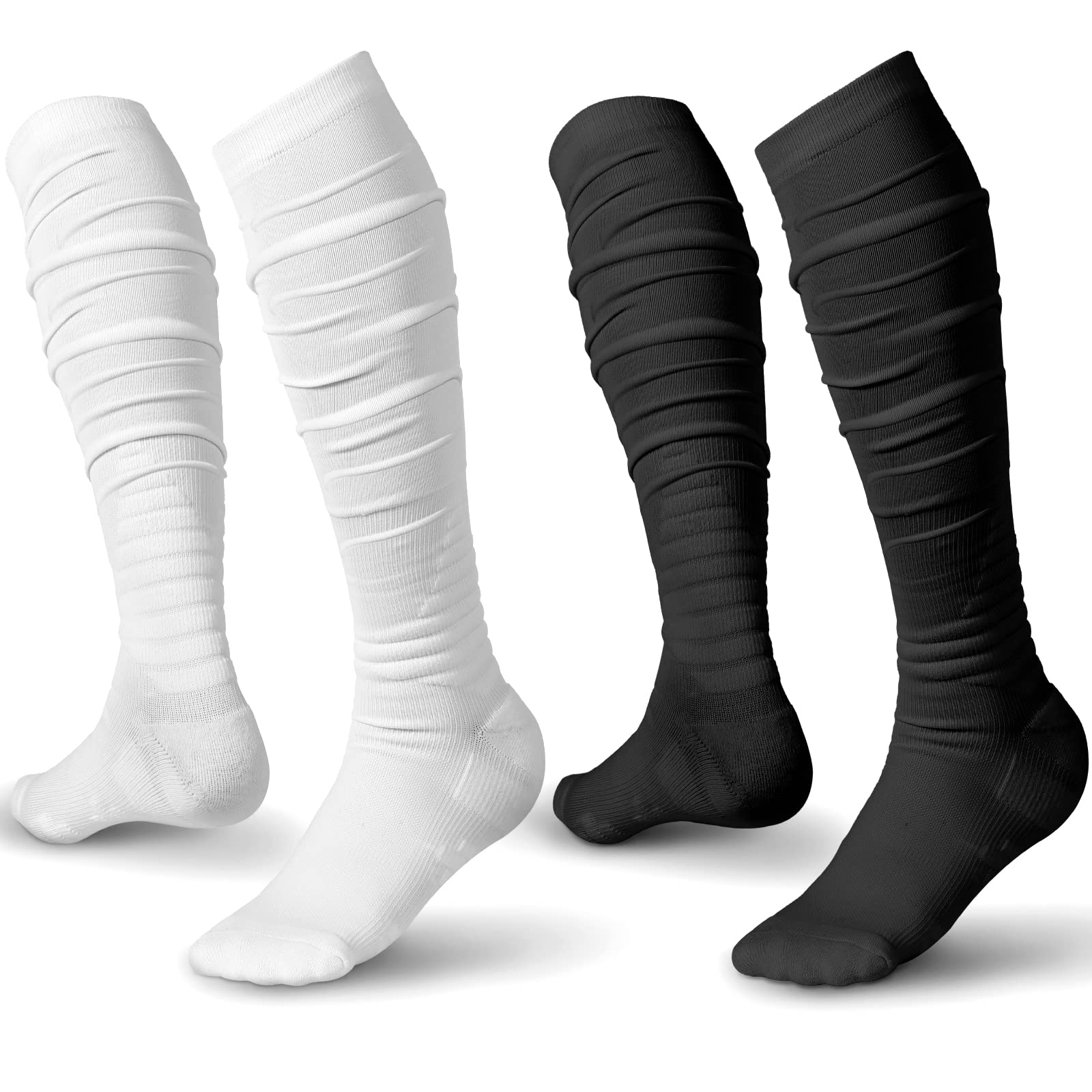 Chuarry 2 Pairs Scrunch Football Socks Non Slip Men Football Socks Extra Long Socks Soccer Socks Over The Knee Athletic (Black, White)