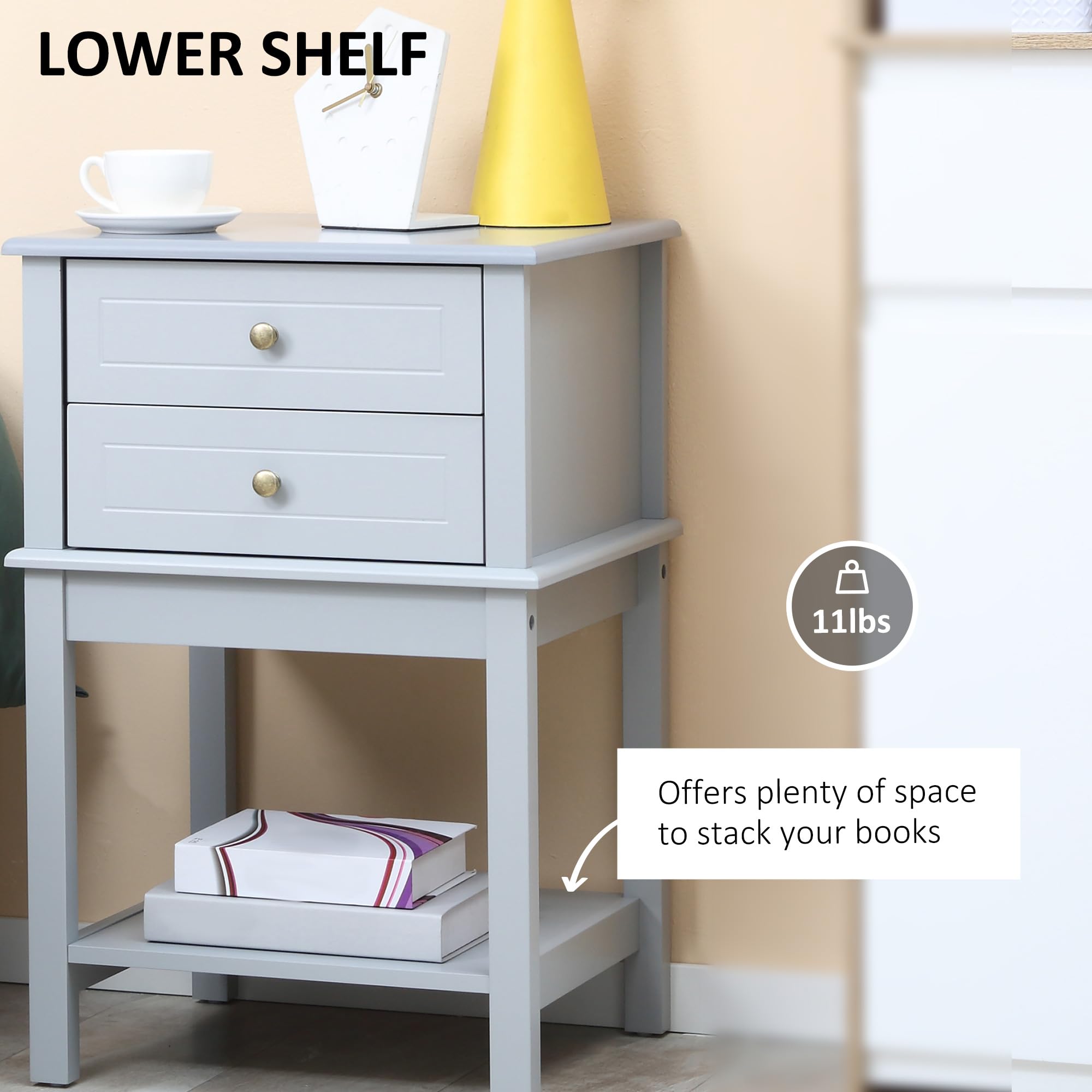 HOMCOM Side Table with 2 Storage Drawers, Modern End Table with Bottom Shelf for Living Room, Home Office, Grey