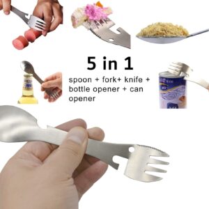 Pinenjoy 2Pcs Camping Multi-Function Spork 5 in 1 Spoon Fork Knife Can Bottle Opener Combo 18/10(304) Stainless Steel Portable Utensils for Outdoor Picnic Hiking Fishing Boating BBQ Travel