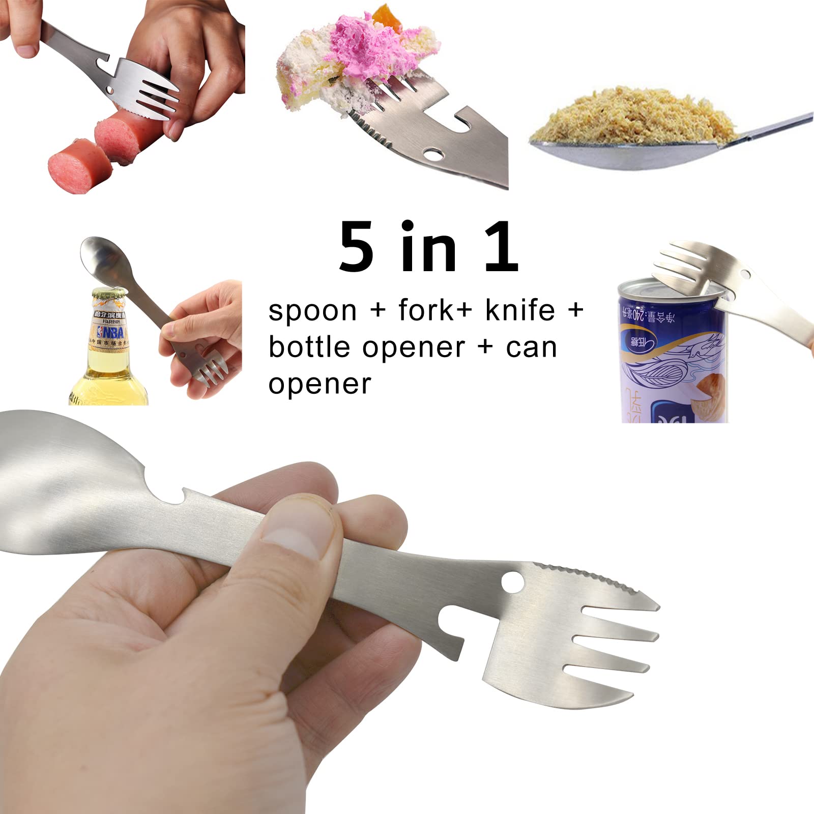 Pinenjoy 2Pcs Camping Multi-Function Spork 5 in 1 Spoon Fork Knife Can Bottle Opener Combo 18/10(304) Stainless Steel Portable Utensils for Outdoor Picnic Hiking Fishing Boating BBQ Travel