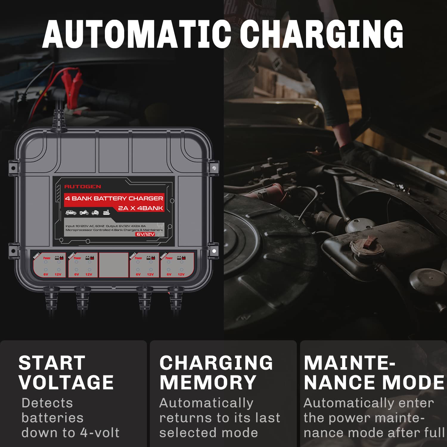 AUTOGEN 4-Bank Marine Battery Charger, 8-Amp (2-Amp Per Bank) Smart Battery Trickle Charger Maintainer, 6V & 12V Onboard Battery Charger and Battery Maintainer