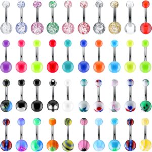 Sureio 40 Pcs 14g Belly Button Rings Colorful Surgical Stainless Steel Round Piercing Navel Barbell Dangle Curved Navel Rings for Women Girls Piercing Jewelry