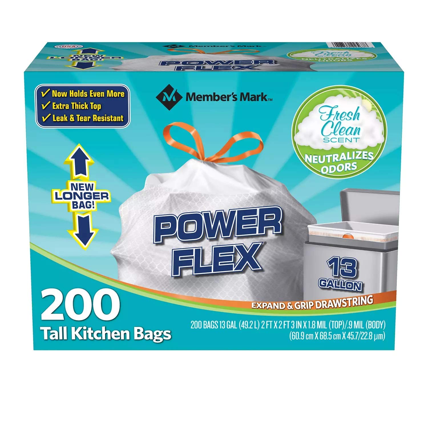 13 Gal Power Flex, Leak Protection, Tall Kitchen Simple Fit Drawstring Bags (1 Pack, Fresh Clean Scent), 1count