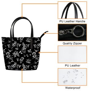 Retro Black and White Floral Pattern Tote Bag for Women Leather Handbags Women's Crossbody Handbags Work Tote Bags for Women Coach Handbags Tote Bag with Zipper.