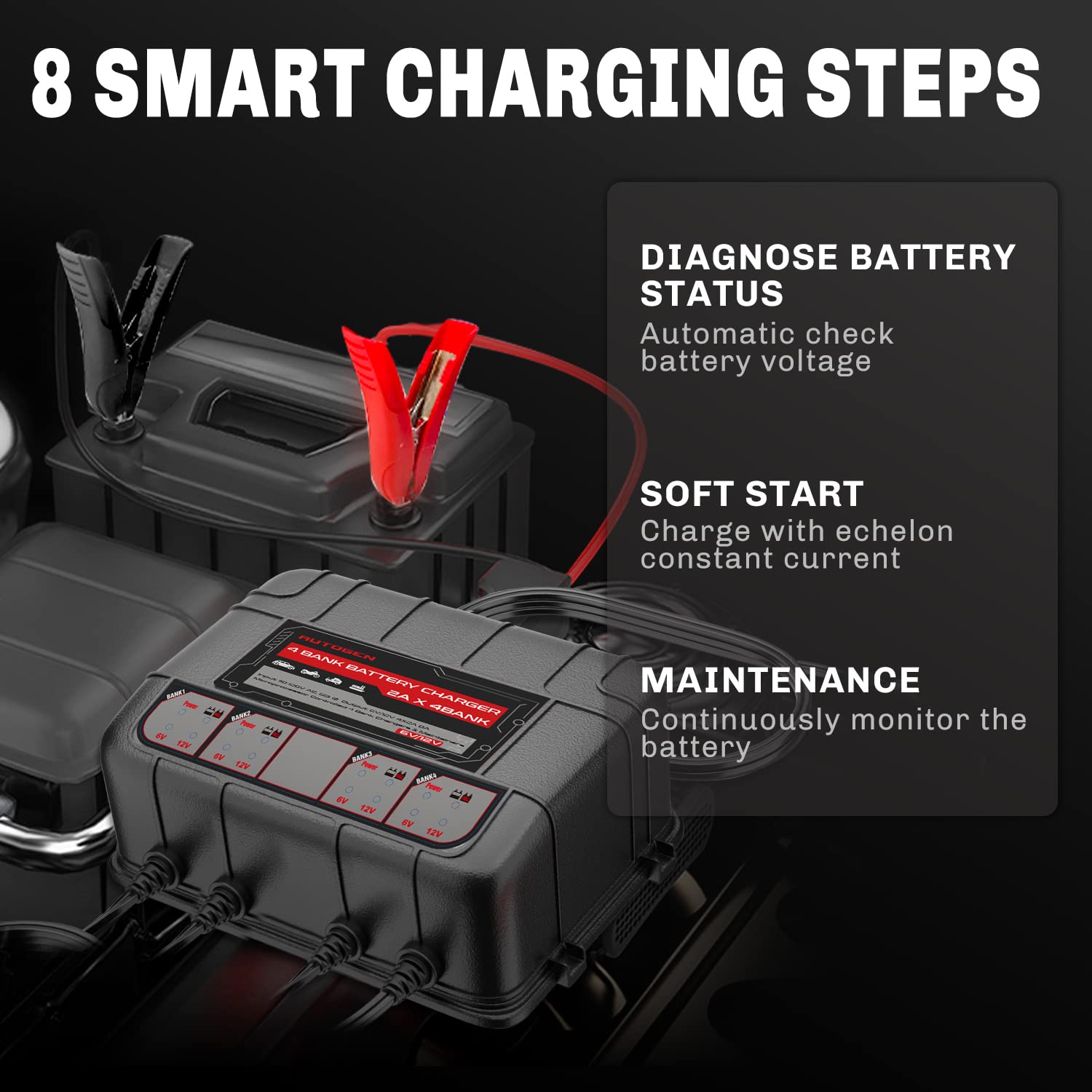 AUTOGEN 4-Bank Marine Battery Charger, 8-Amp (2-Amp Per Bank) Smart Battery Trickle Charger Maintainer, 6V & 12V Onboard Battery Charger and Battery Maintainer