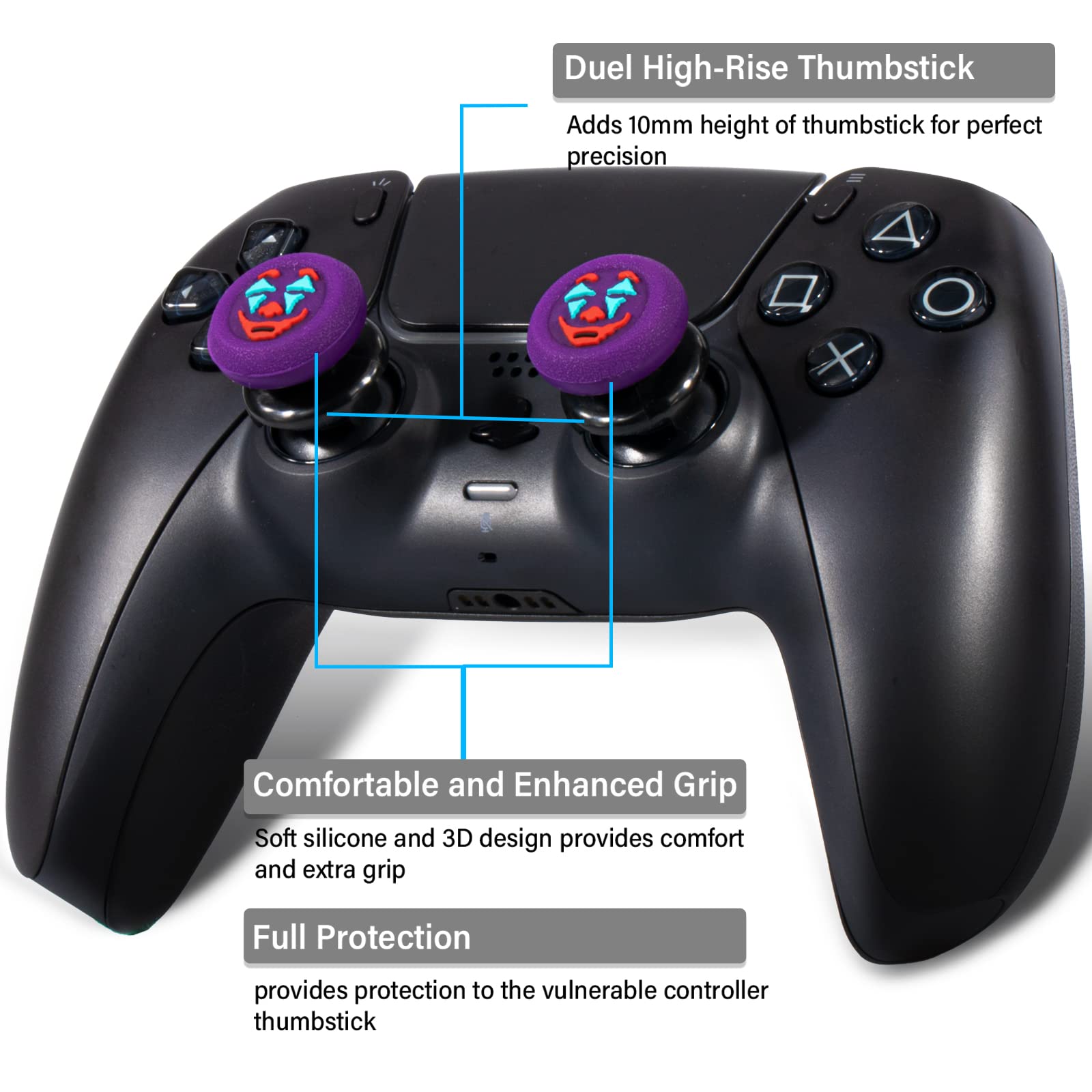 Playrealm FPS Thumbstick Extender & Texture Rubber Silicone Grip Cover 2 Sets for PS5 & PS4 Controller (Joker Purple)