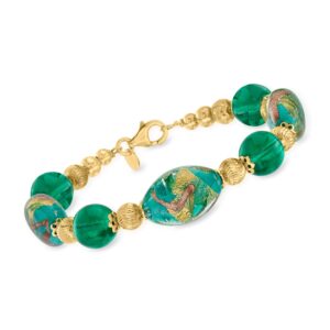 Ross-Simons Italian Green and Goldtone Murano Glass Bead Bracelet in 18kt Gold Over Sterling. 7 inches