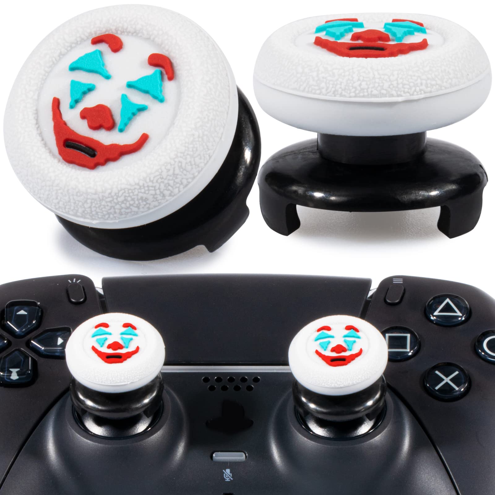 Playrealm FPS Thumbstick Extender & Texture Rubber Silicone Grip Cover 2 Sets for PS5 & PS4 Controller (Joker White)