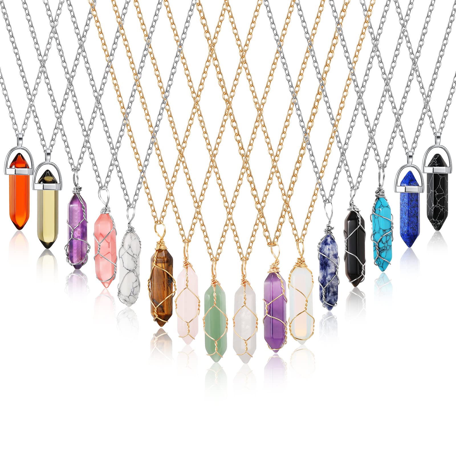 16 Pcs Healing Crystal Stone Necklaces Hexagonal Gemstone Pendant Necklace Full Wire Wrap Crystal Necklace Spiritual Crystal Jewelry Amethyst Necklace with Silver Gold Chains for Women