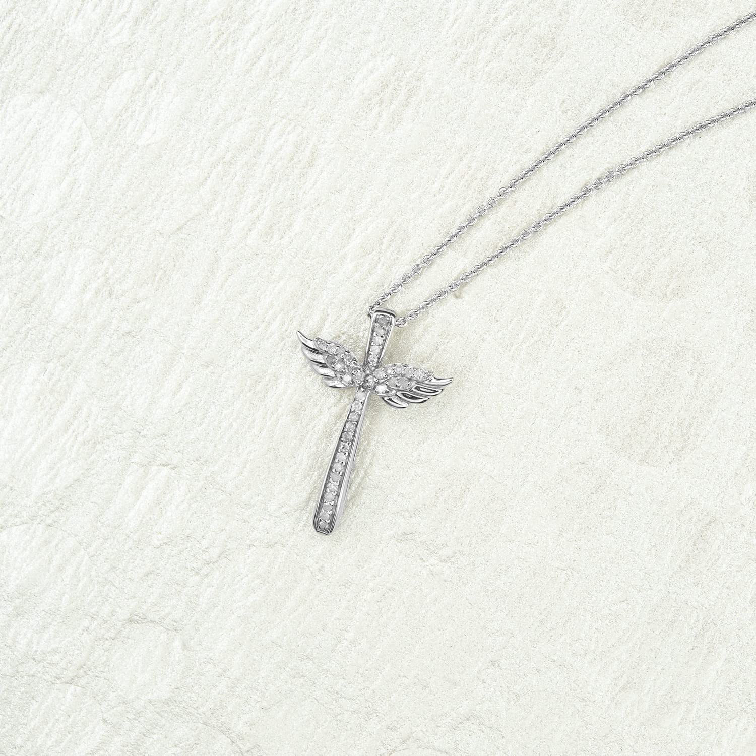 Timeless Love 1/10 CT Diamond Wing Cross Pendant Set in Sterling Silver, Necklace with 18" Cable Spring Ring, Dainty Jewelry for Women, Luxury Fashion Pendant Necklaces for Women or Girls