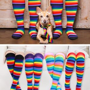 Chuarry 8 Pairs Women's Rainbow Thigh High Socks Fingerless Arm Warmer Set Long Striped High Socks Leg Warmers for Pride Fest(Mixed Color,Classic Style)