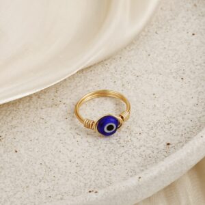 ASCOMY Delicate Evil Eye Ring for Women 14K Gold Plated Handmade Dark Blue Evil Eye Rings Stackable Turkish Faith Protection Wrapped Ring Everyday Jewelry Gifts Size 9